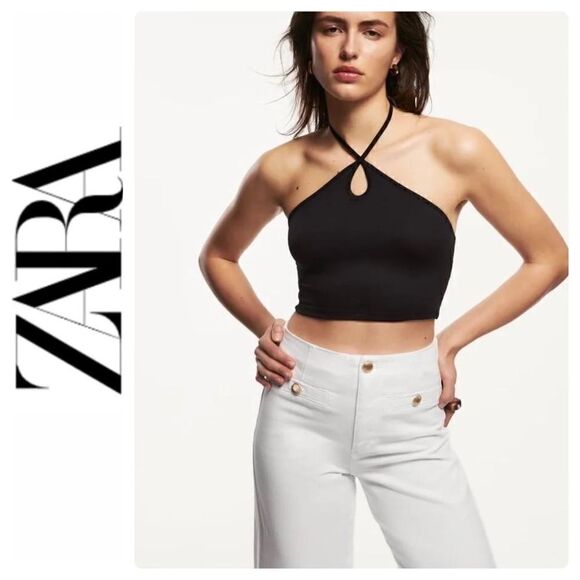 NWT Zara Ribbed Keyhole Crossed Halter Crop Top in Black, Size Medium - Picture 1 of 14